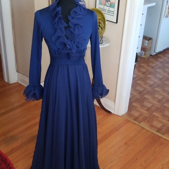 VTG Gorgeous Navy Blue Ruffle Chiffon Boho Dress - Picture 7 of 8